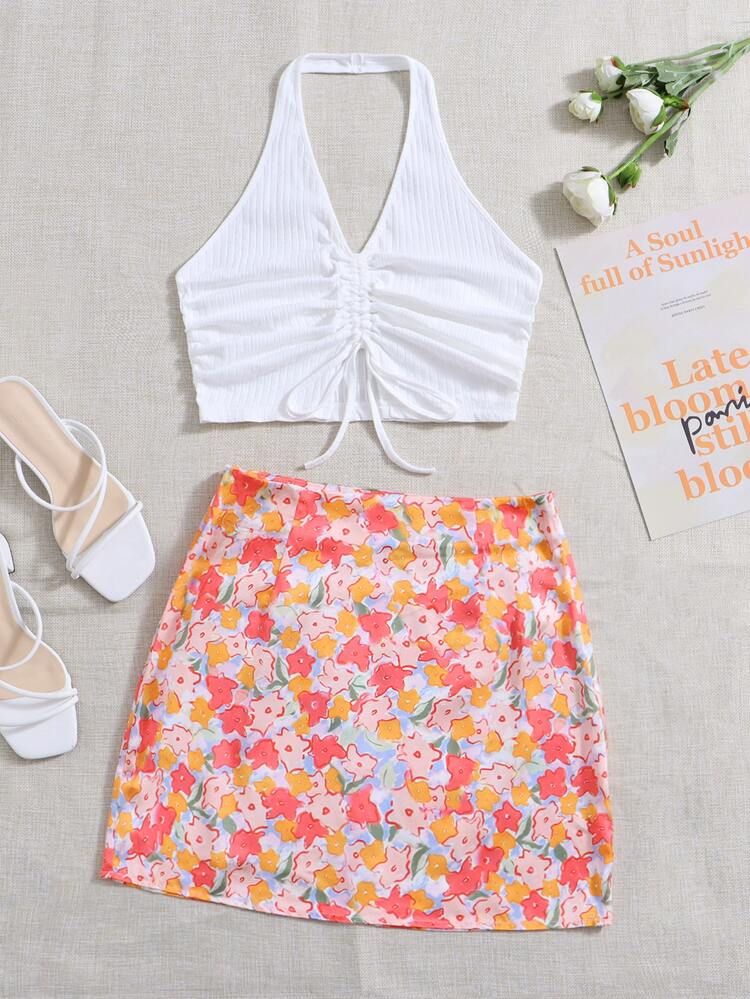 SHEIN Drawstring Backless Halter Top & Allover Floral Print Skirt | SHEIN