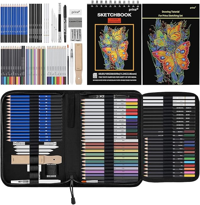 Prina 76 Pack Drawing Set Sketching Kit, Pro Art Supplies with 3-Color Sketchbook, Include Tutori... | Amazon (US)
