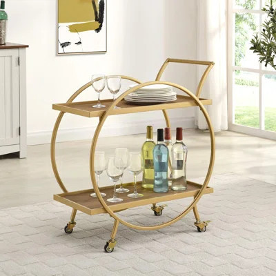 Modern 2 Tier Gold Bar Cart, With Storage For Liquor, Metal And Wood, 28 | Wayfair North America