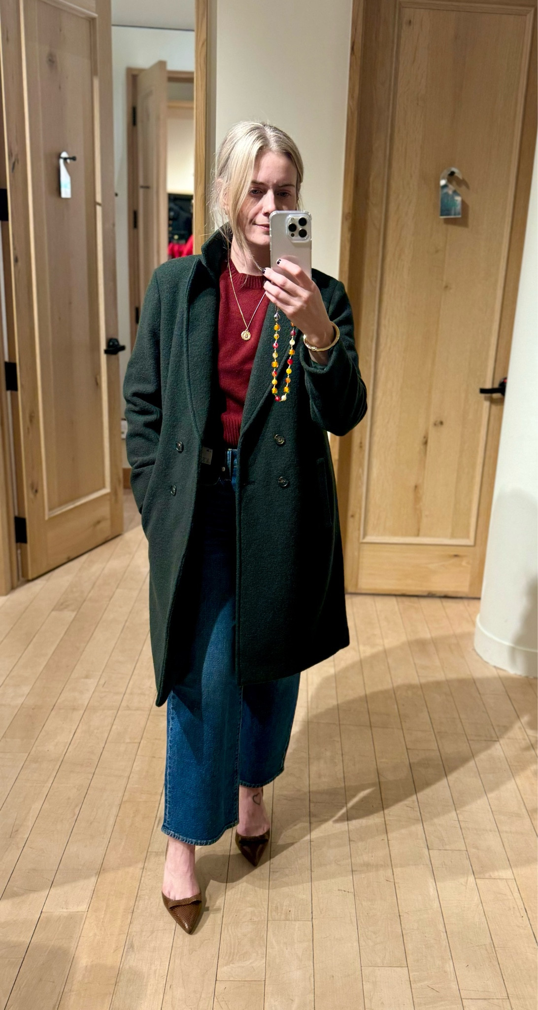 Made this outfit a little more classy and dressed up with a change in jacket to the Daphne topcoat in dark pine. The green is so dark and rich. It’s gorgeous. I sized up in the jacket to a 4 to give it a more oversized look and to be able to layer. The classic cut is the perfect length on me (I’m 5’5” ish), but it does come up in petite and tall  

#LTKSeasonal #LTKStyleTip #LTKHoliday