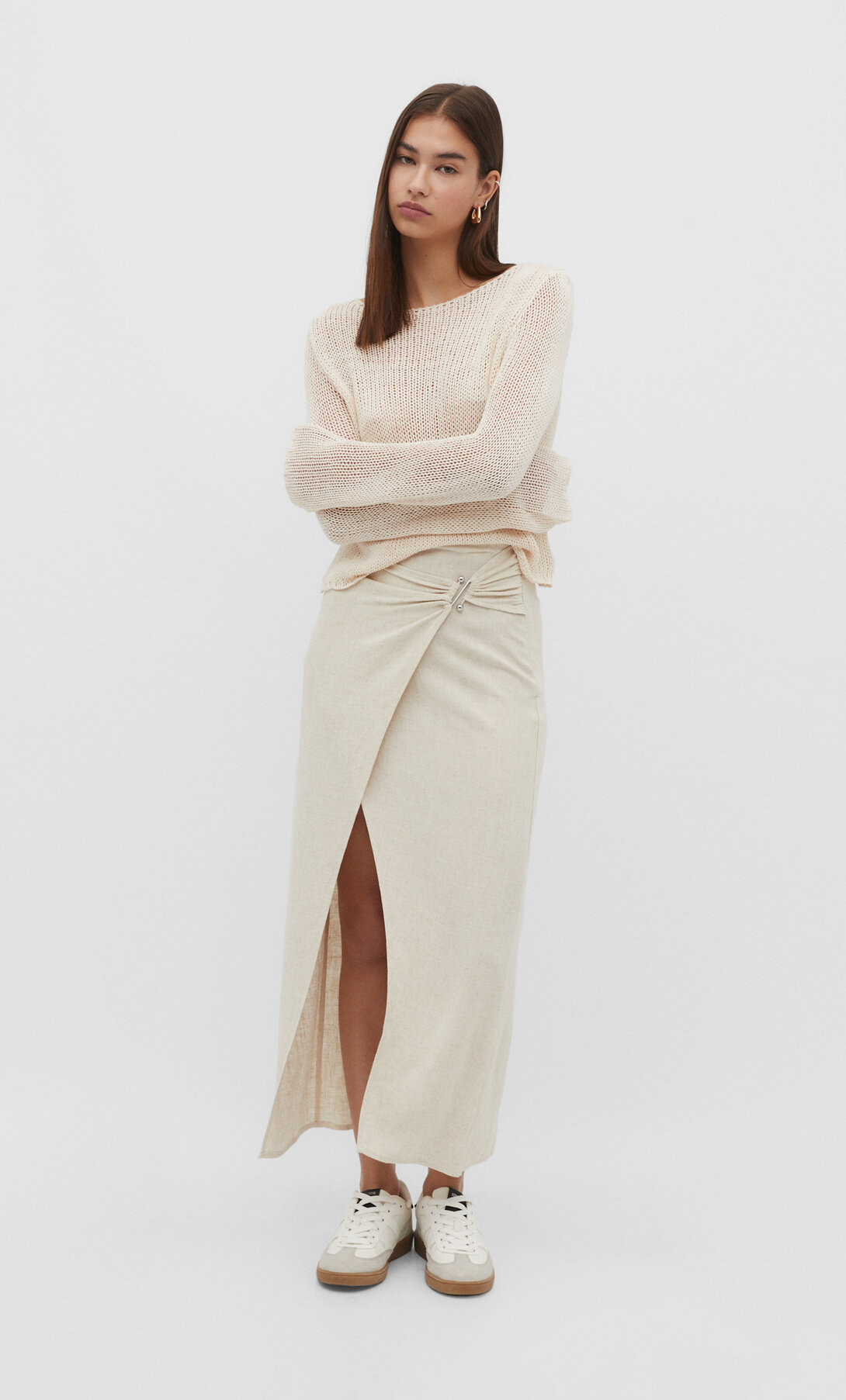 Linen blend midi skirt - Women's fashion | Stradivarius United Kingdom | Stradivarius (UK)