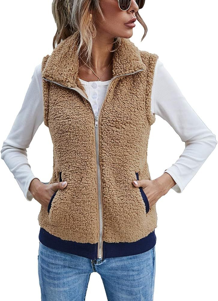 Lomon Womens Fuzzy Fleece Vest, Casual Warm Sleeveless Zip Up Sherpa Vest Jacket with Pockets for... | Amazon (US)