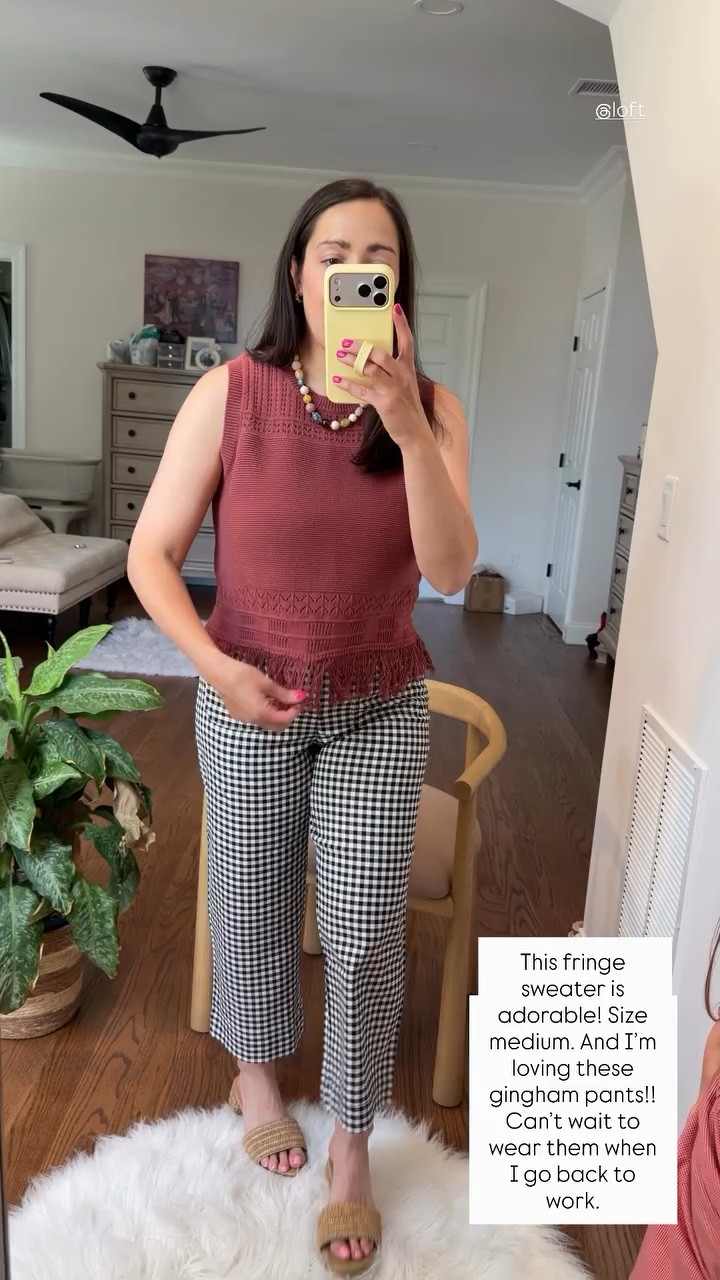 This fringe sweater is adorable! Size medium. And I’m loving these gingham pants!! Can’t wait to wear them when I go back to work.  @loft