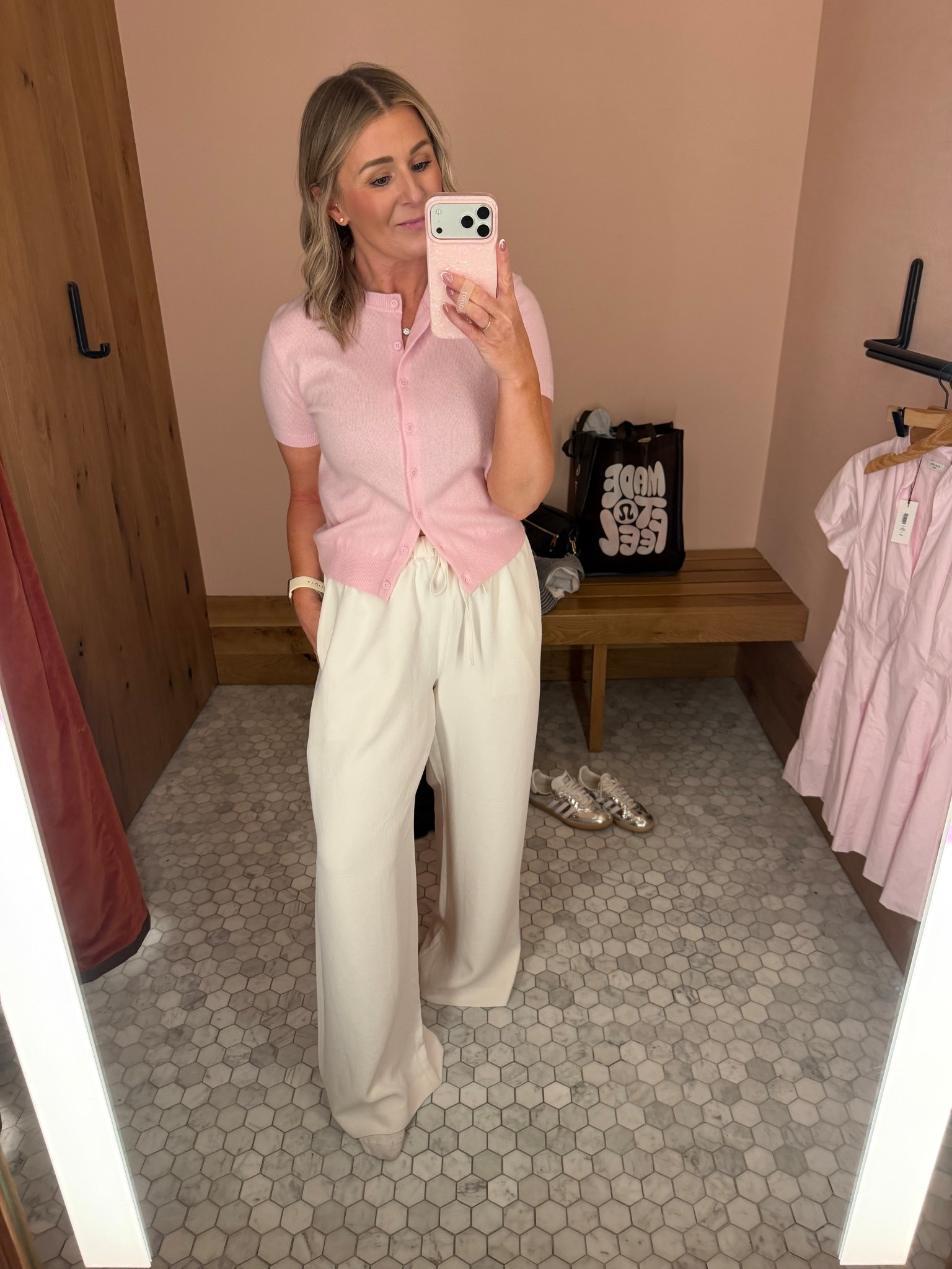 Immediately came home and ordered the viral lodge pant in the short length. This is the medium regular. I ordered a medium short. These pants do not wrinkle! They’re incredible. Easy to dress up or down. I have the small regular in navy but wanted a little extra room in this color. 
Small cardigan 

#LTKOver40 #LTKootd #LTKPetite