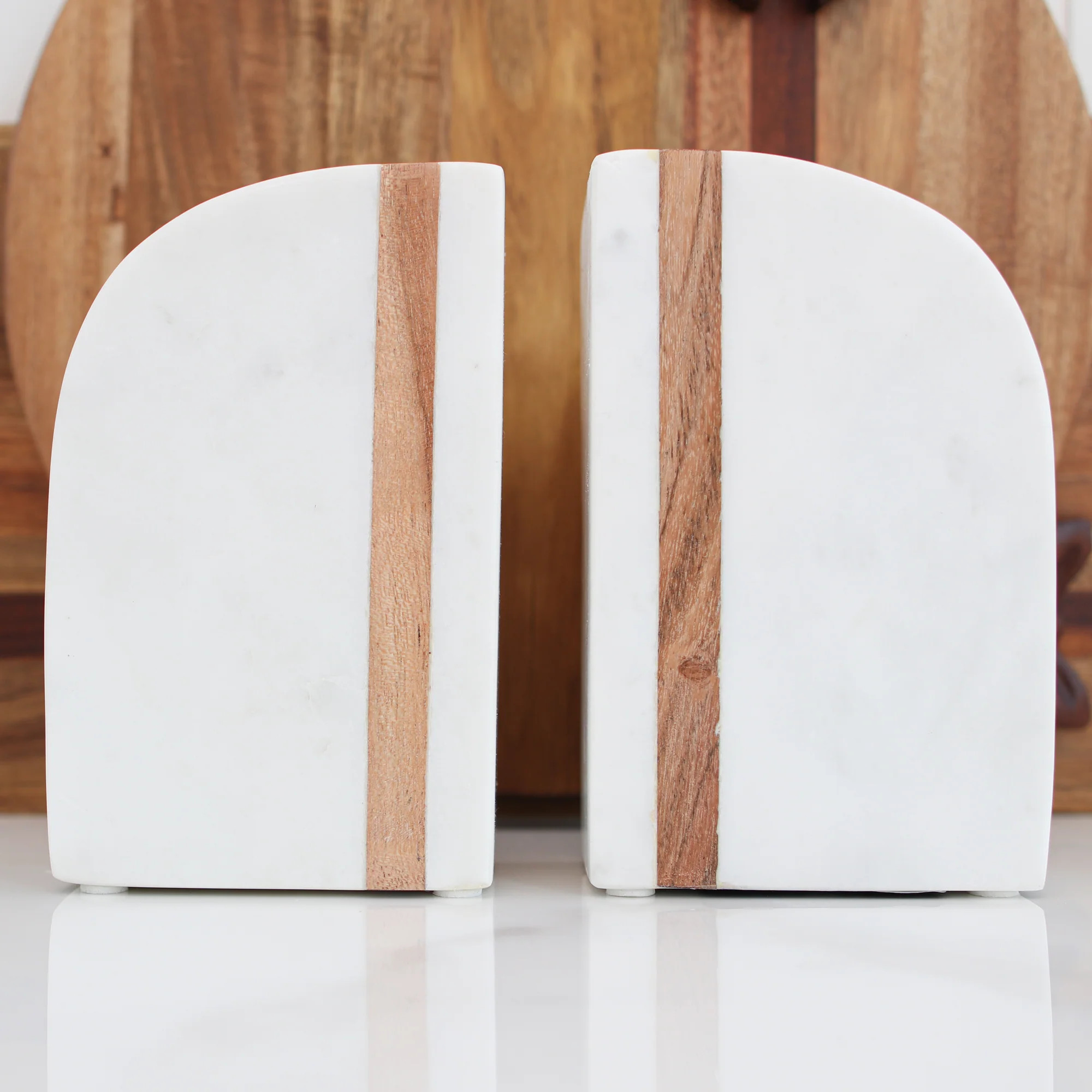 Marble Bookends with Wood Stripe, Set of 2 | Interior Delights