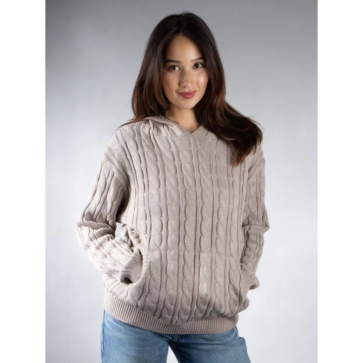 Jess by Meiko Women's Oversized Dropped Shoulder Cable Knit Hooded Sweater Large Fossil Gray | Target
