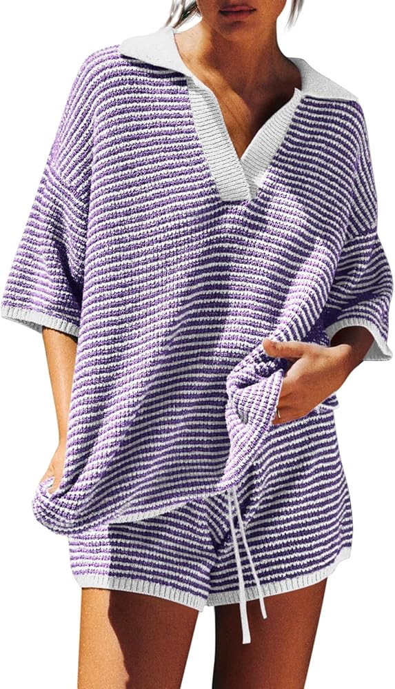 Tankaneo Womens Sweater Set 2 Piece Outfits Oversized 3/4 Sleeve V Neck Knit Tops High Waisted Sh... | Amazon (US)