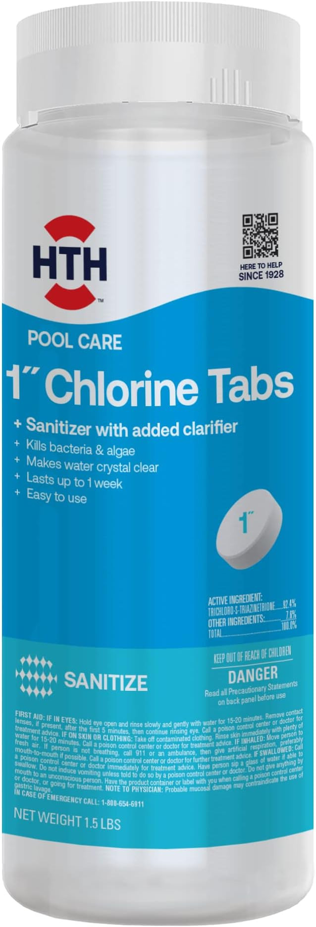 HTH 42049 Pool Care 1" Chlorine Tabs, Swimming Pool Sanitizer with Added Clarifier - Eliminates B... | Amazon (US)