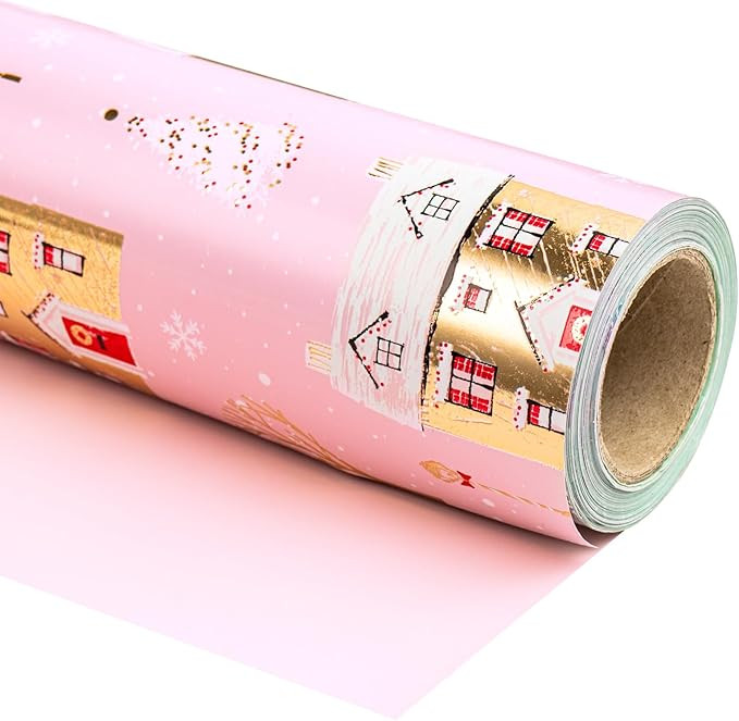 WRAPAHOLIC Reversible Christmas Wrapping Paper - Mini Roll - 17 Inch X 33 Feet - Pink House and S... | Amazon (US)
