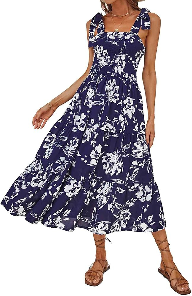 SOMTHRON Women's Floral Print Maxi Long Dress Boho Spaghetti Tie Strap Square Neck Ruffle Smocked... | Amazon (US)