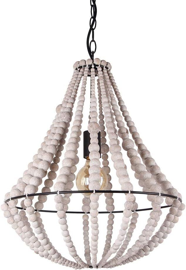 Giluta Conical Wood Bead Chandelier Retro Style Pendant Lamp, Industrial Metal Ring Frame Ceiling... | Amazon (US)
