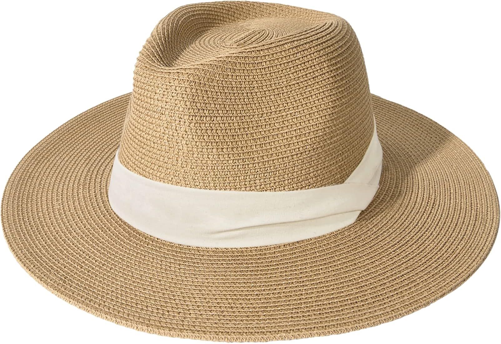 Womens Mens Wide Brim Straw Panama Hat Fedora Summer Beach Sun Hat UPF Straw Hat for Women | Amazon (US)