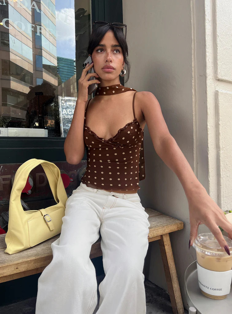 Mishy Scarf Detail Cami Top Brown Polka Dot | Princess Polly US