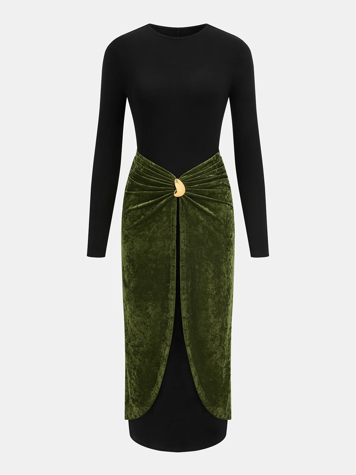 Metal Detail Color-Block Velvet Panel Dress | Commense