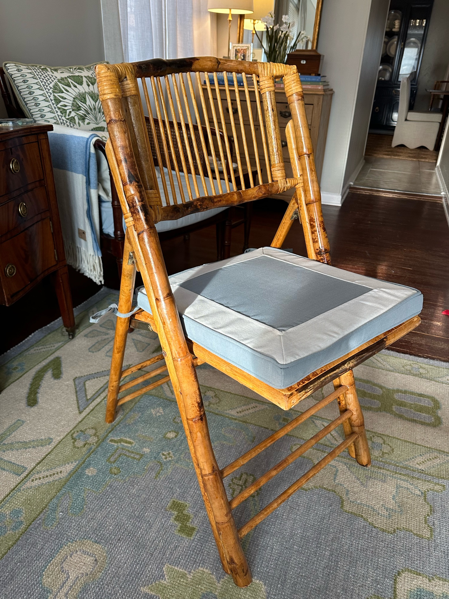 Ever since deciding to use these Amazon Faux Bamboo Folding Chairs as our dining chairs in our current house I've been wanting to find cushions to add warmth to the space, comfort when sitting, and a look that feels a little bit more intentional. I always suspected I'd have to get some custom made, so I was thrilled when I discovered that these Target x Studio McGee cushions were the PERFECT size! The 15.25" x 17" cushions look like they were made for these chairs and since they were made to go on an outdoor chair are weather resistant and wipeable making them a safe bet in our dining room. The blue color was just icing on the cake with the decor we already have in the space! I'll link both items in my stories in case you have the chairs and are on the hunt for a similar solution or want to recreate the look in your home.
#prepinyourstep #targetfinds #studiomghee #fauxbamboofurniture #affordablehomefinds 

Home decor, first home, affordable home decor, target finds, amazon finds, faux bamboo furniture, chair cushions, southern, preppy, traditional

#LTKFindsUnder100 #LTKHome #LTKFindsUnder50