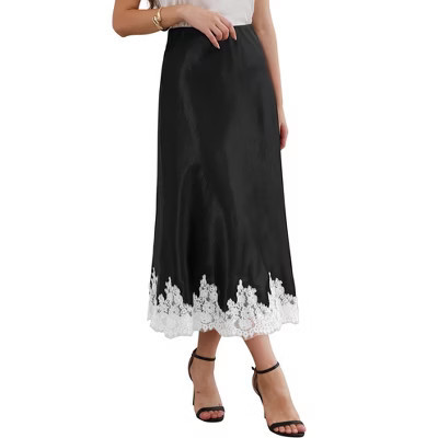INSPIRE CHIC Women's Lace Satin High Waist A-Line Elegant Midi Skirt Small Black | Target