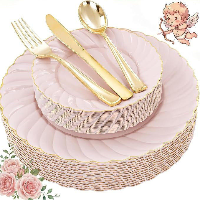 YOUBET 125Pcs Pink Plastic Plates with Gold Rim - Scalloped Plastic Plates Set Includes 25 Dinner... | Amazon (US)