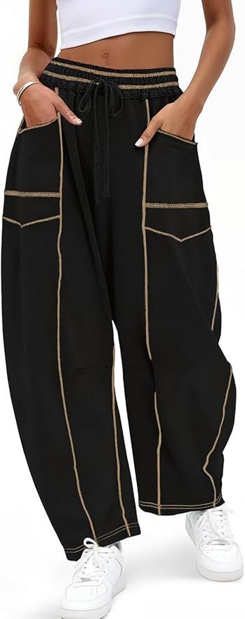 Aoysky Womens Baggy Wide Leg Pants Barrel Casual Drawstring Elastic Waist Contrast Stitch Workout... | Amazon (US)