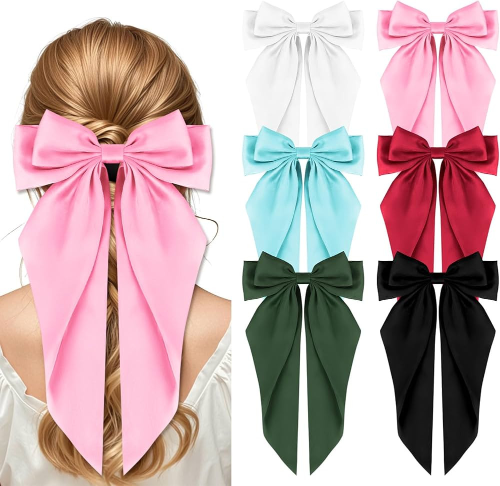 6PCS Big Bows Hair Clips Vintage Large Ribbon Bow Clips Cute Oversized Satin Hair Clips with Long... | Amazon (US)