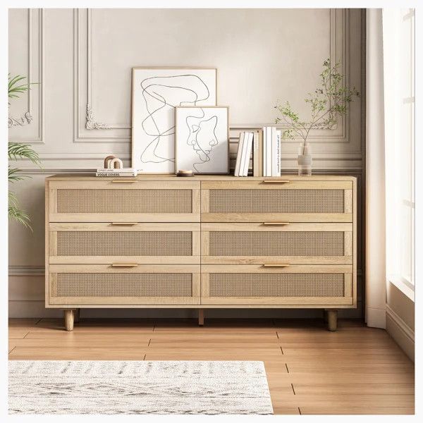 Abagayle 59'' Wide 6 - Drawer Dresser Rattan Storage Cabinet Rattan Drawer,Natural | Wayfair North America
