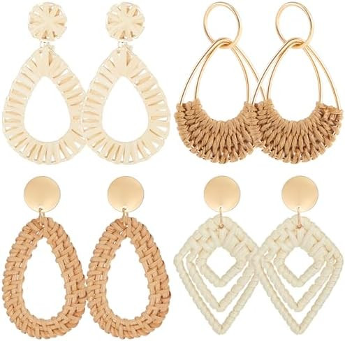 meekoo 4 Pairs Rattan Earrings for Women Beach Essentials Tassel Dangle Boho Straw Earrings | Amazon (US)