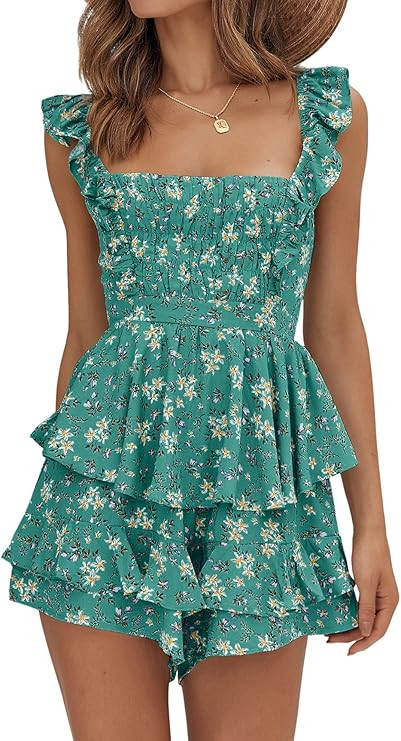 Womens Sexy Summer Romper Floral Square Neck Ruffle Strap Layer Hem Shorts Jumpsuits | Amazon (US)