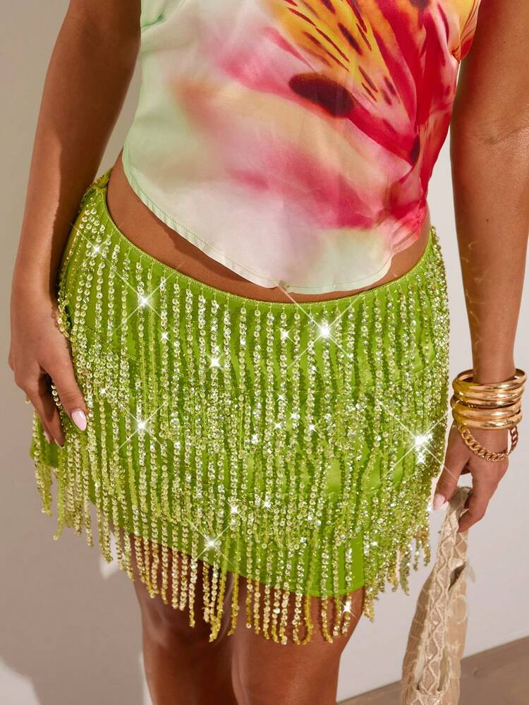 SHEIN BAE Women's Sexy Green Sequin Shiny Tassel Mini Skirt, Suitable For Beach, Party, Date, Shi... | SHEIN
