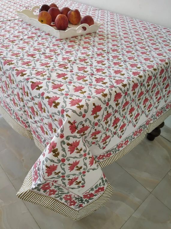 Christmas tablecloth, Floral Cotton Table Cover, Table Cloth Block Printed , Jaipur Tablecloth, R... | Etsy (US)