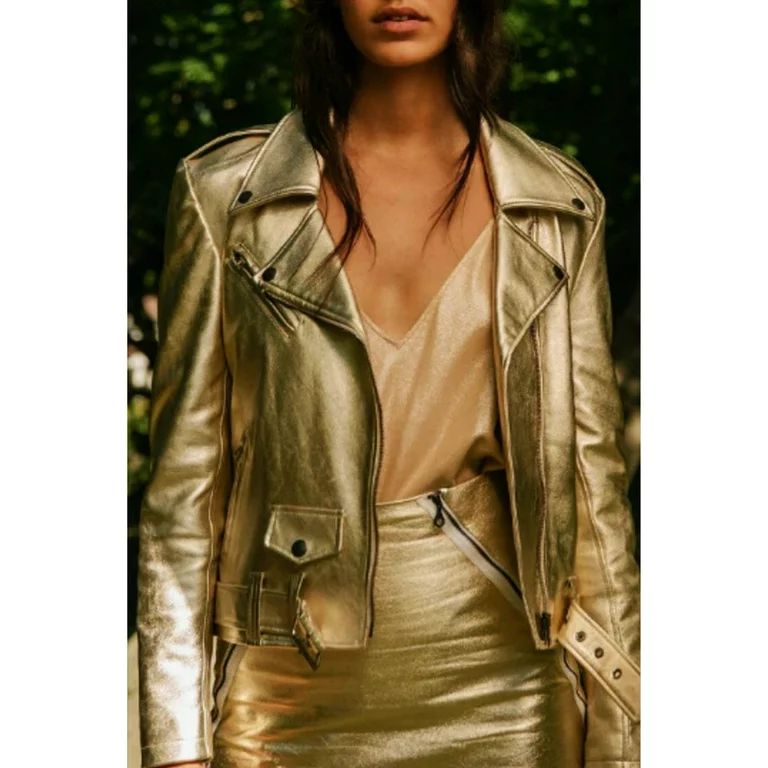 Noora New Women's METALLIC GOLD Leather Jacket, PARTY Wear Jacket, Biker Jacket, With Belted Buck... | Walmart (US)