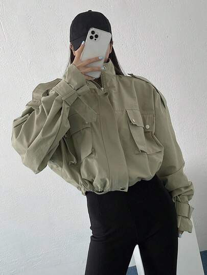 DAZY Flap Pocket Drop Shoulder Drawstring Hem Jacket,Fall Clothes | SHEIN