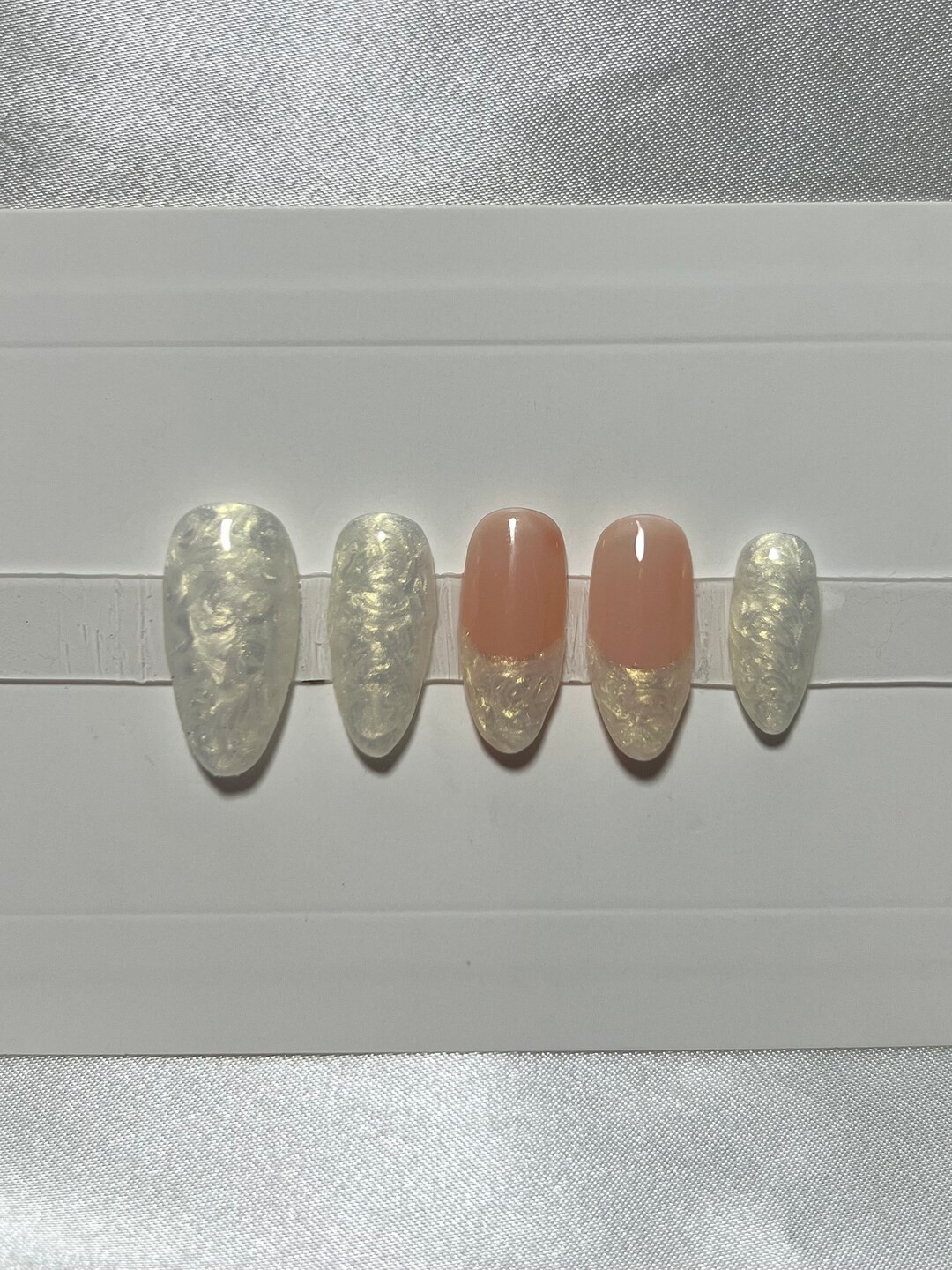 Luxury Hand Painted Press on Nails Iridescent Pearl French Tip New Years - Etsy | Etsy (US)