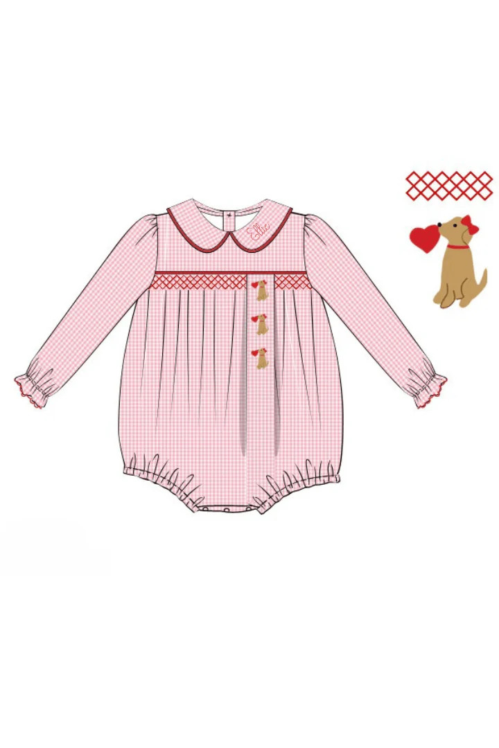 Pre-Order Smocked Sweet Puppy Love Pink Gingham Bubble | The Smocked Flamingo