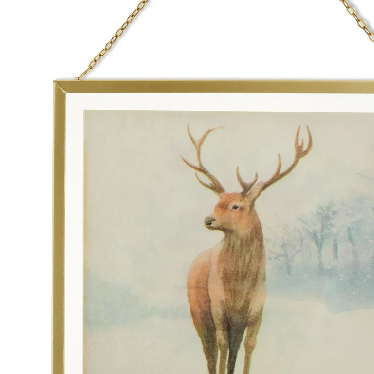 Poinsettia and Deer Print Farmhouse Christmas Hanging Decor, Red and Gold, 8" x 8", by Holiday Ti... | Walmart (US)