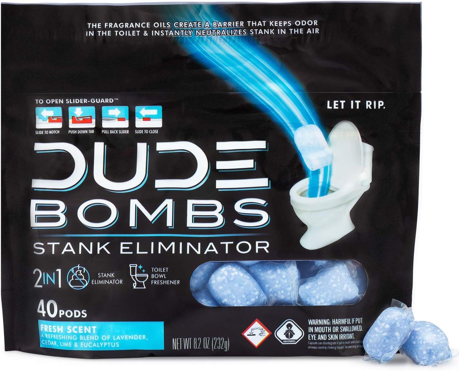 DUDE Bombs Toilet Stank Eliminator - 1 Pack, 40 Pods - Fresh Scent 2-in-1 Stank Eliminator + Toil... | Amazon (US)