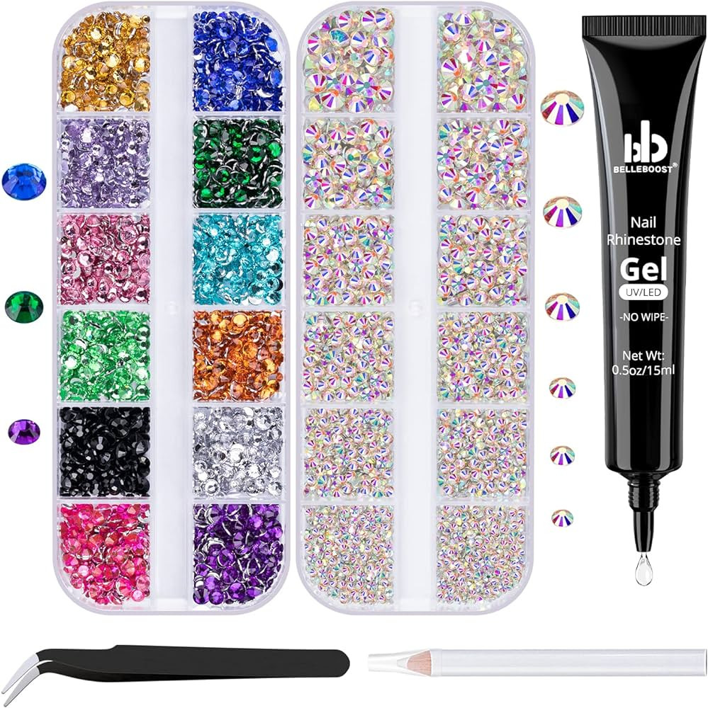 BELLEBOOST Nail Art Rhinestone Glue Gel&2 Boxes Flatback Gems Kit, 1 Tube of 15ml Rhinestone Gel ... | Amazon (US)