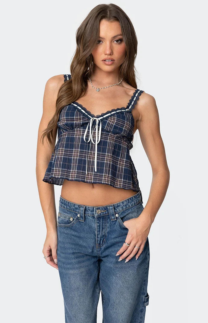 Edikted Women's Plaid Lace Trim Tank Top in Navy - Size Medium | PacSun