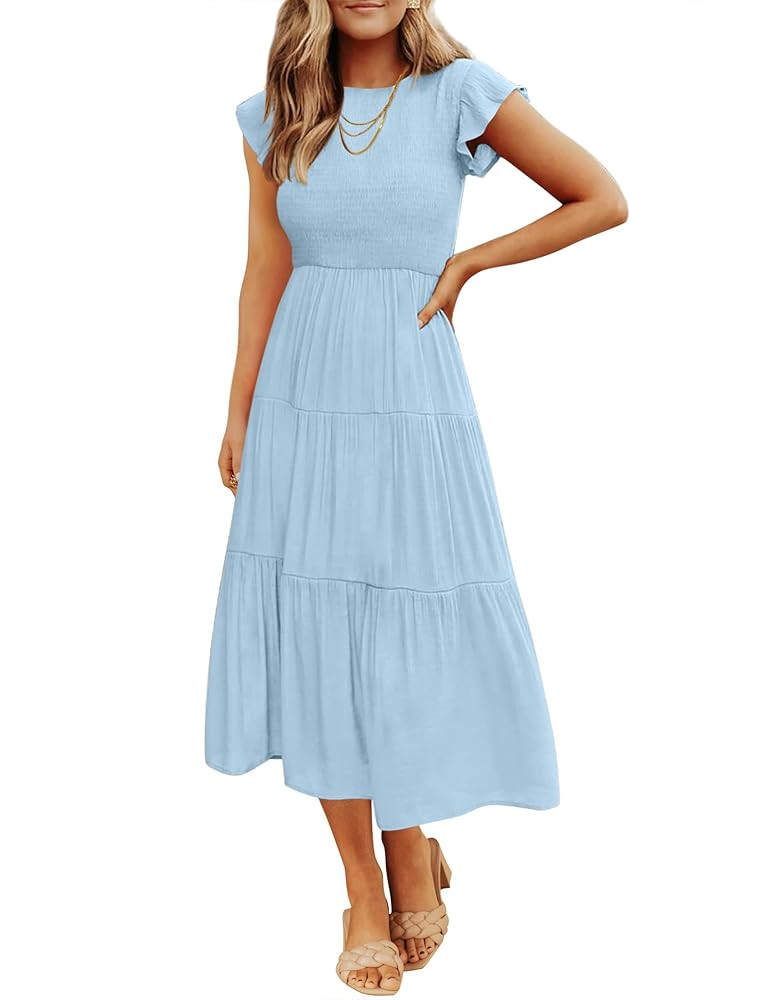 ZESICA Women's 2025 Summer Casual Flutter Short Sleeve Crew Neck Smocked Elastic Waist Tiered Mid... | Amazon (US)
