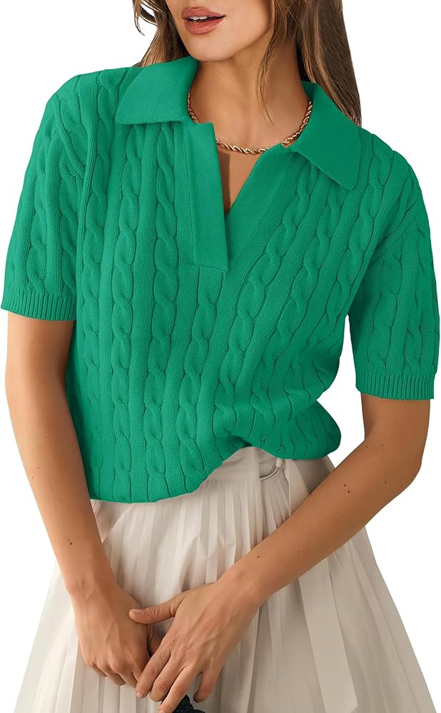 ANRABESS Women's Short Sleeve Sweaters Tops Polo V Neck Cable Knit Casual Soft Pullover Shirts 20... | Amazon (US)