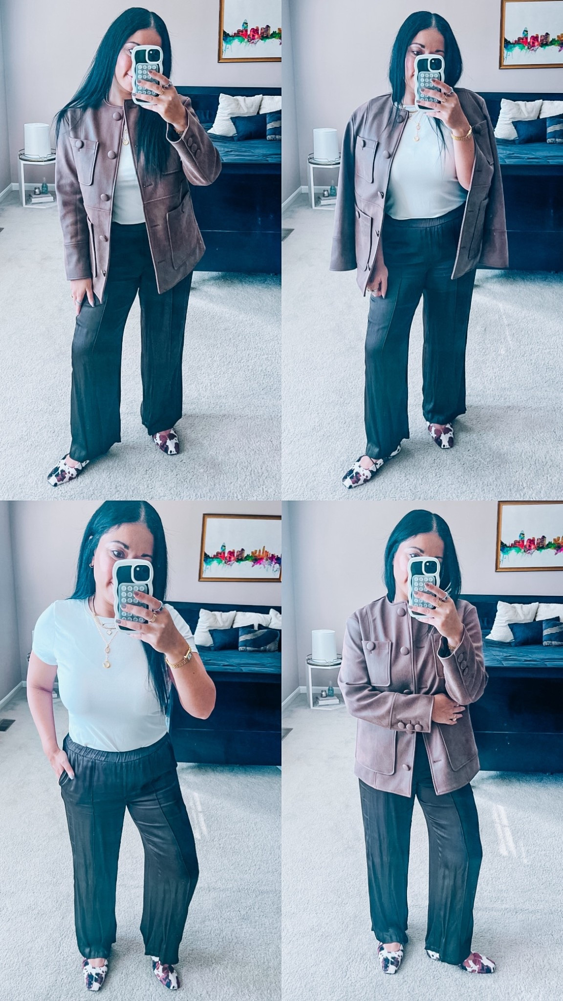 Satin pants
Cow print flats
Suede jacket
White tee
Monochromatic look


#LTKmomlife #LTKgrwm #LTKootd