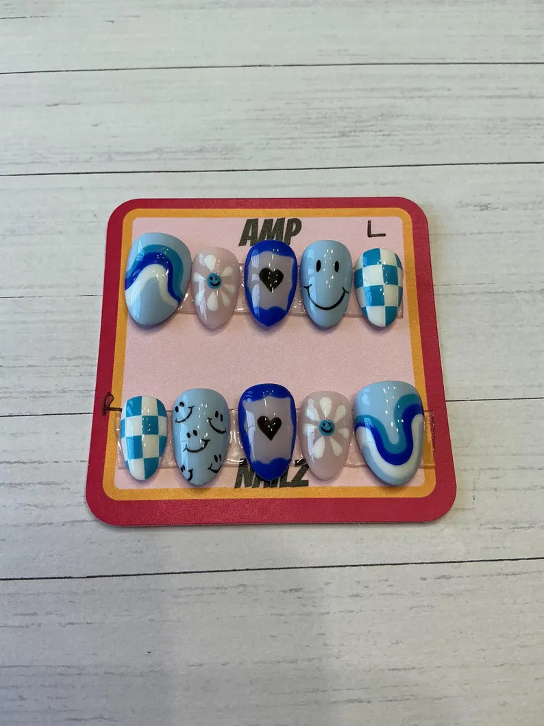 Blue Mismatched Y2k Press on Nails, Mismatch Nails, Summer Nails, Bright Colorful Nails, Custom P... | Etsy (US)