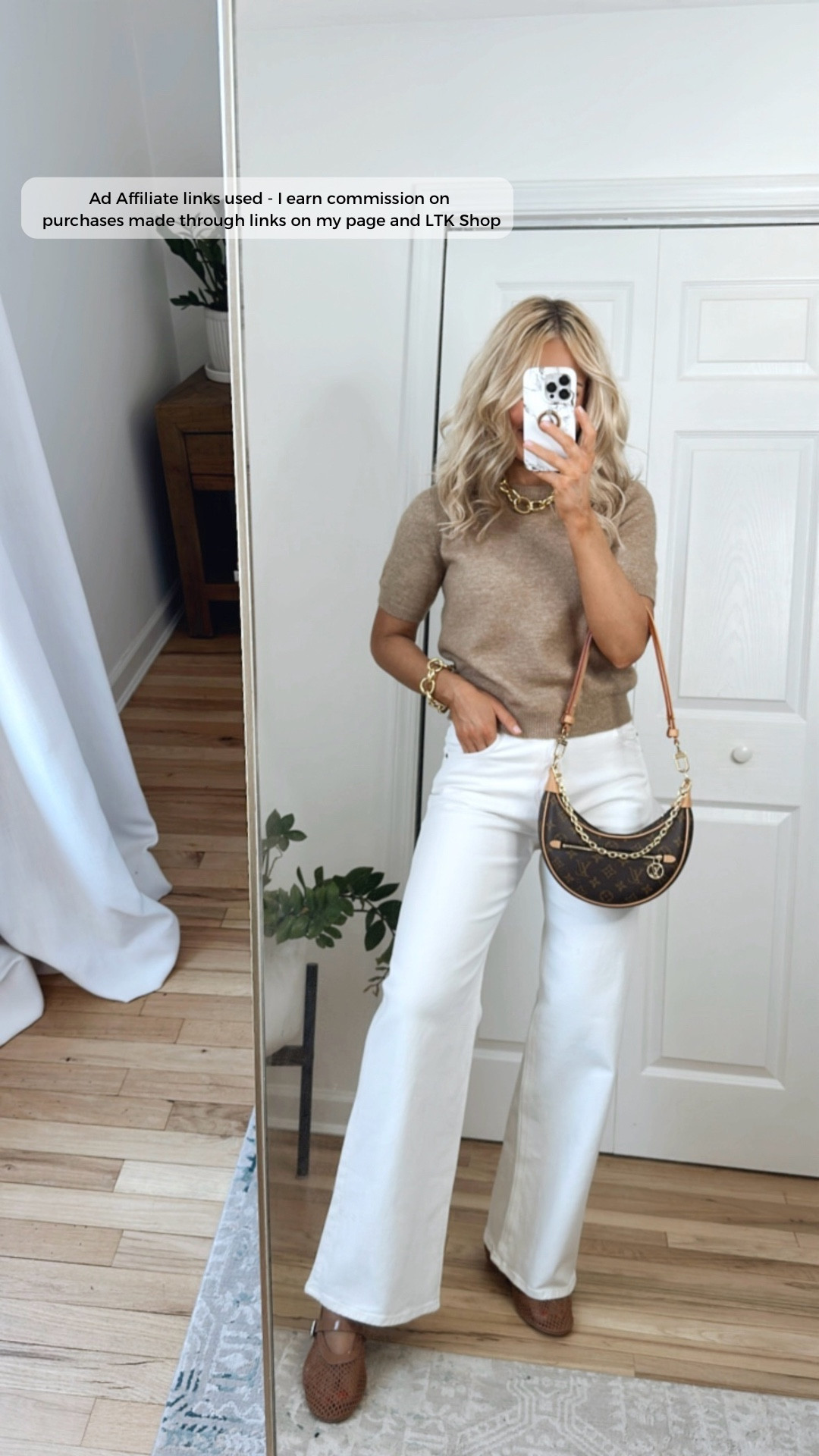 H&M white jeans outfit | Sizing info: beige sweater tee runs TTS (wearing a small); I sized up one size in the white jeans (wearing a 6)