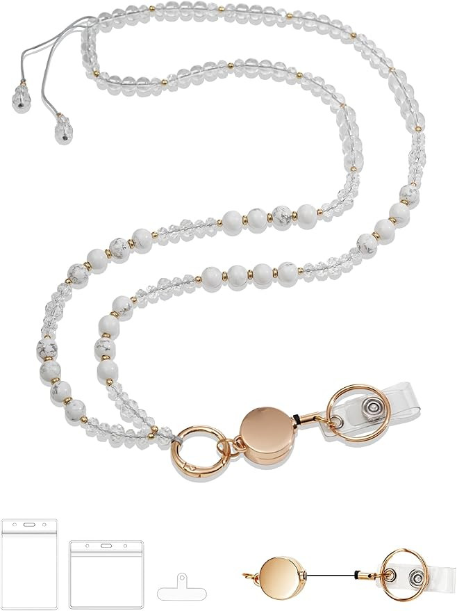 Retractable Lanyards for ID Badges and Keys with Badge Reels, Natural Stone Beaded Lanyard for Wo... | Amazon (US)