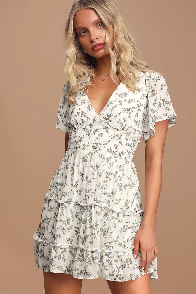 So True White Floral Print Tiered Short Sleeve Mini Dress | Lulus (US)