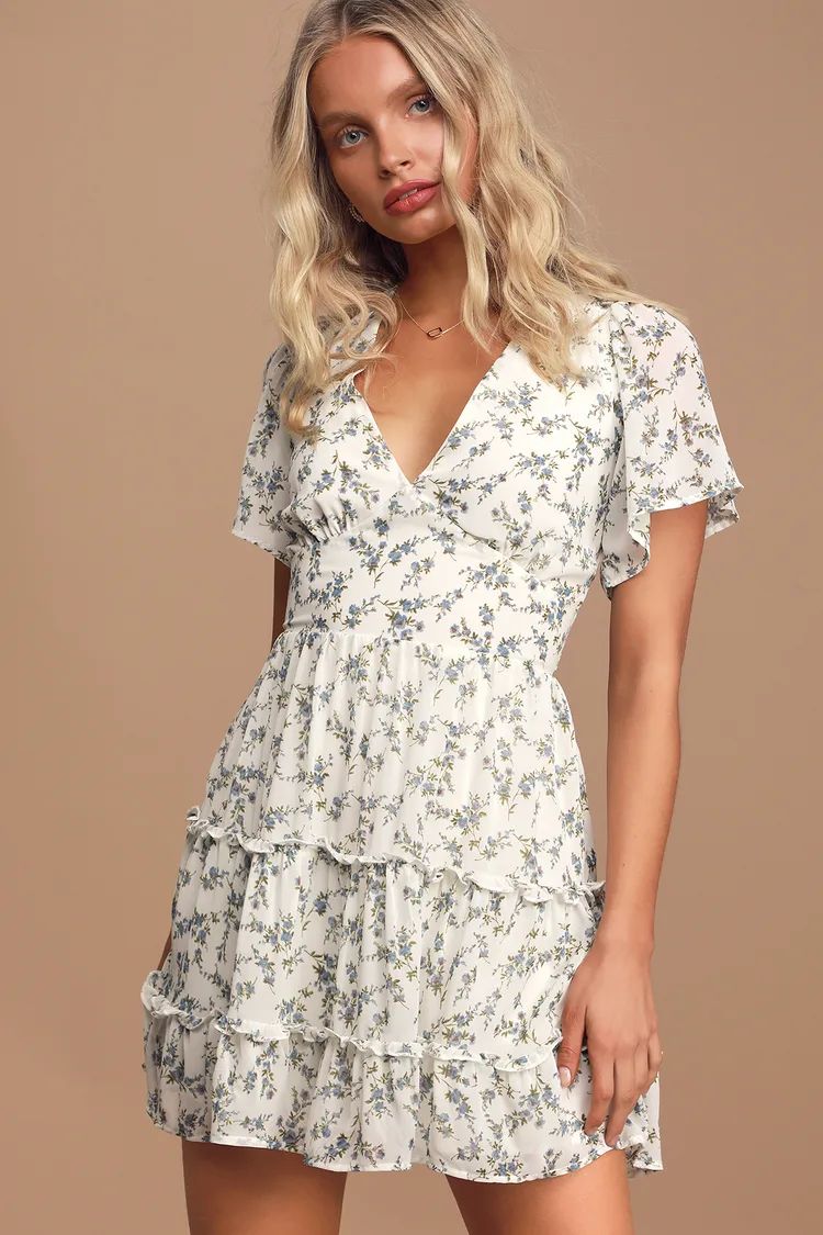 So True White Floral Print Tiered Short Sleeve Mini Dress | Lulus (US)