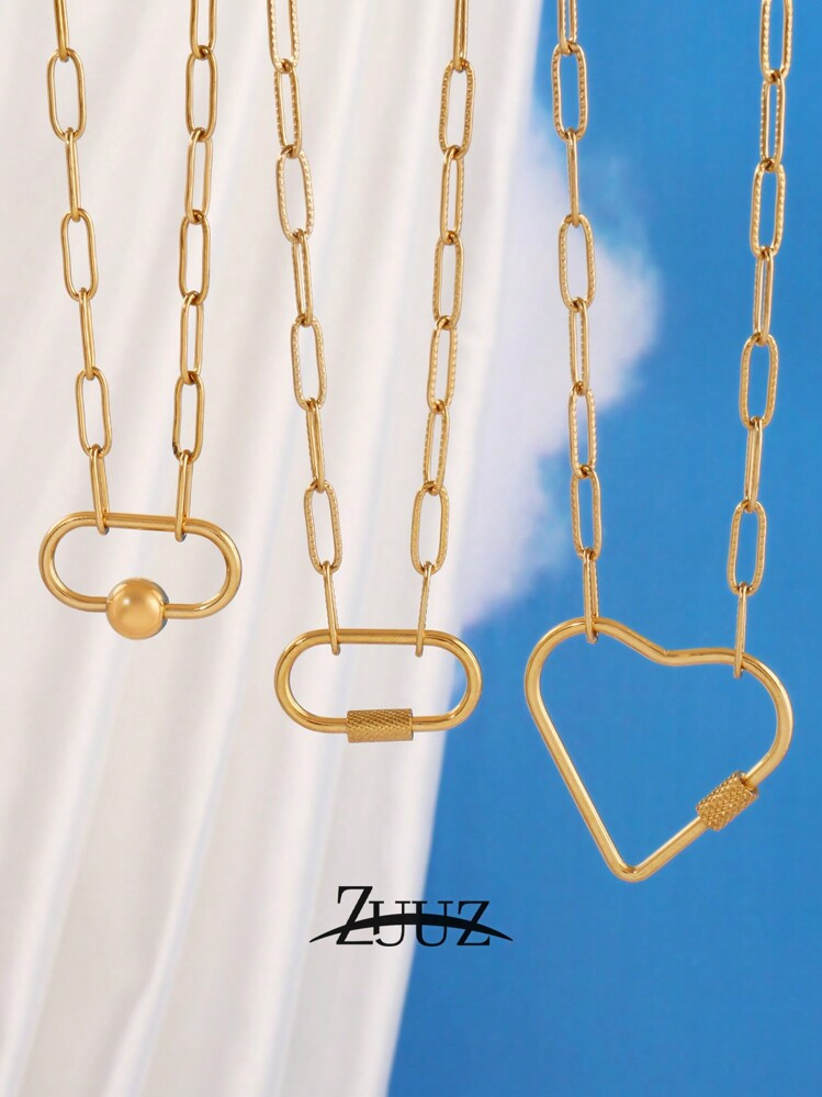 1pc Fashion Paper Clip Stainless Steel Heart Elliptical Buckle Necklace For Women Jewelry Chain Women's Geometry Necklace For Daily Decoration Valentines | SHEIN