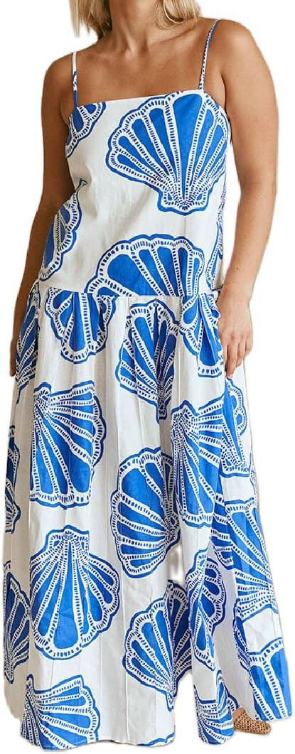 Women Bohemian Graphic Maxi Dress Spaghetti Strap Flowy Cami Dress Floral Tiered Sundress Y2K Sum... | Amazon (US)
