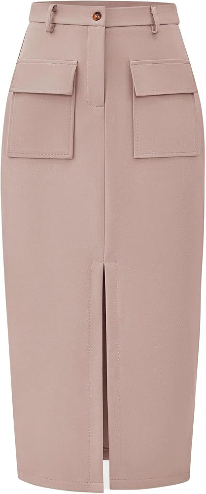 KIRUNDO Women High Waisted Cargo Midi Skirt Trendy Spring Summer Pencil Slit Dressy Casual Busine... | Amazon (US)