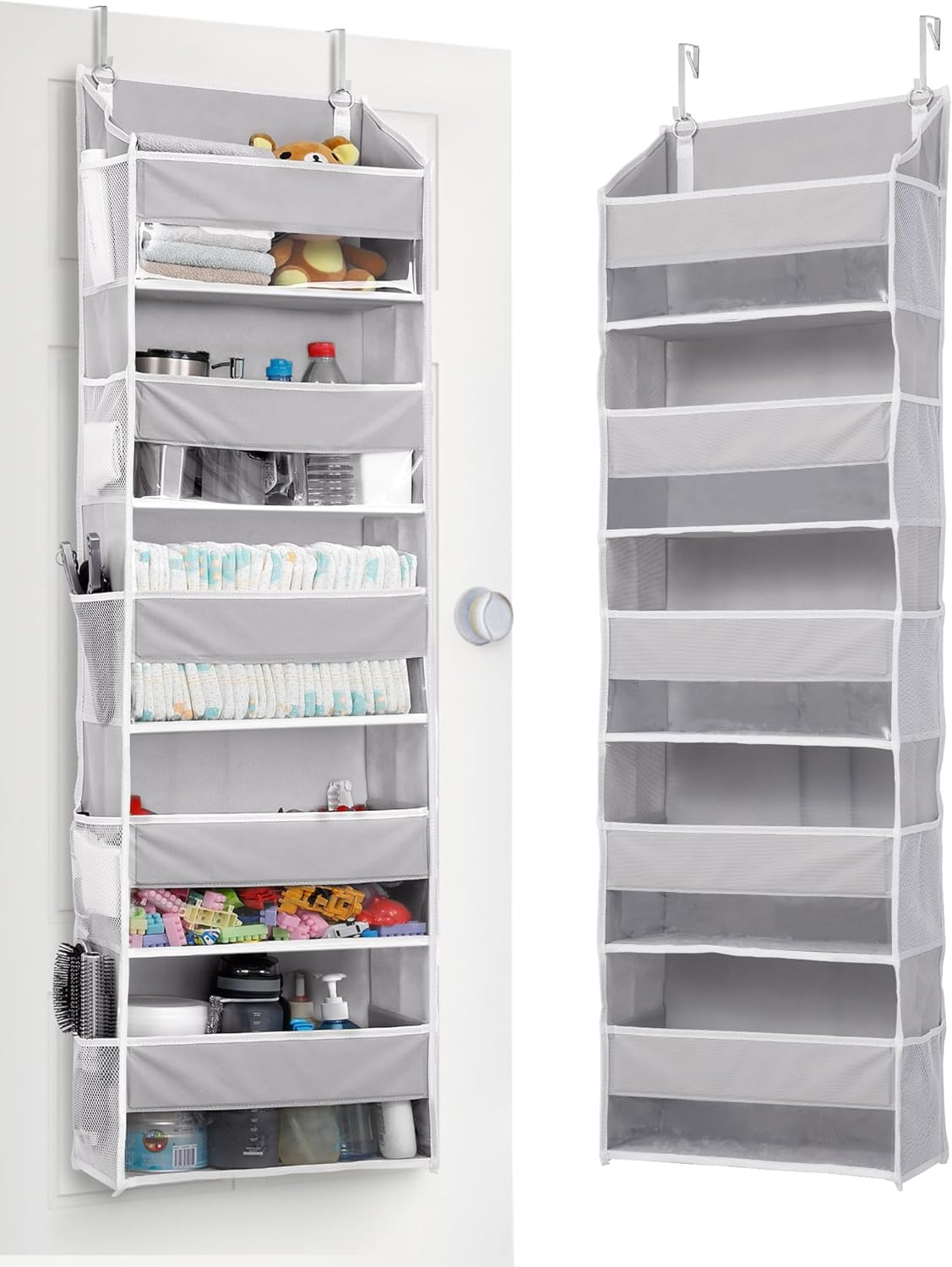 ULG 1 Pack Over Door Organizer with 5 Large Pockets 10 Mesh Side Pockets, 44 lbs Weight Capacity Hanging Storage Organizer with Clear Window for Kids Toys, Shoes, Diapers, Grey, 5 Layer | Amazon (US)