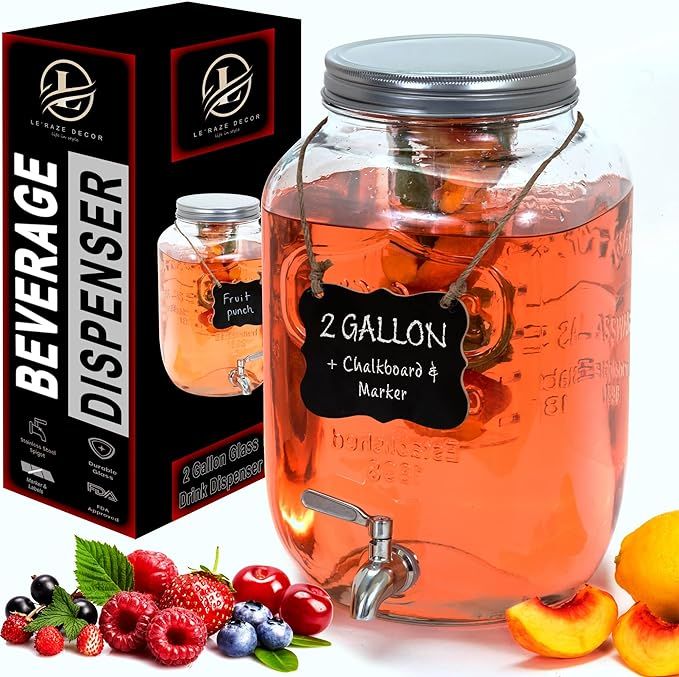 2-Gallon Glass Beverage Dispenser for Parties - 100% Leakproof Stainless Steel Spigot + Marker & ... | Amazon (US)
