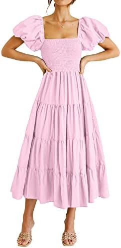 PRETTYGARDEN Women's Casual Summer Midi Dress Puffy Short Sleeve Square Neck Smocked Tiered Ruffl... | Amazon (US)